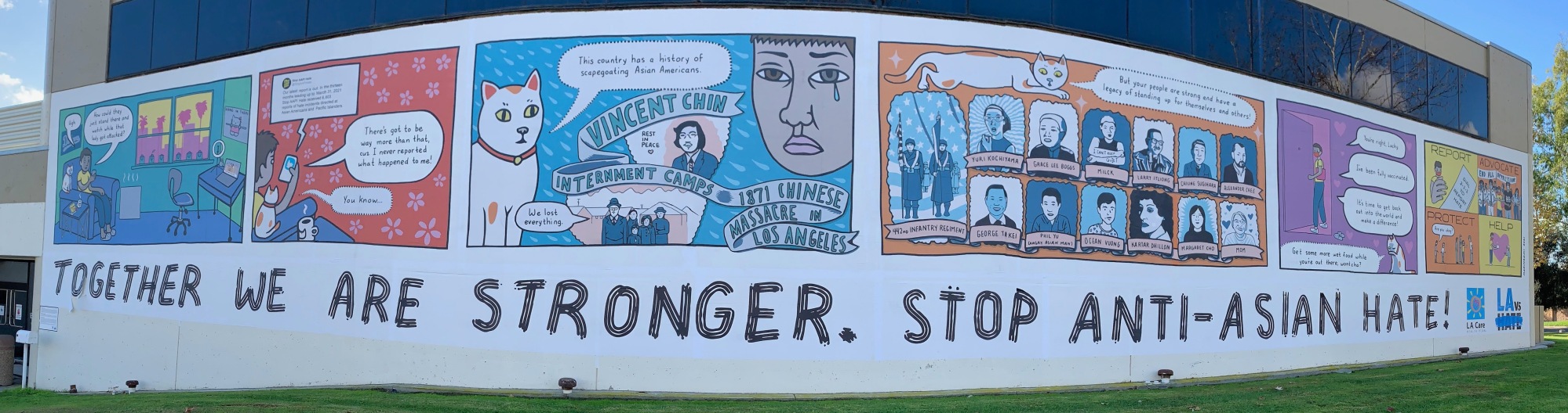 Comic mural with words at bottom: "Together we are stronger, Stop Anti-Asian Hate!" Comic panels depict concern about anti-Asian hate, some notable anti-Asian discrimination and violence, and examples of Asian American activists. The last panel describes action steps: protect, report to 2-1-1, advocate, and help.